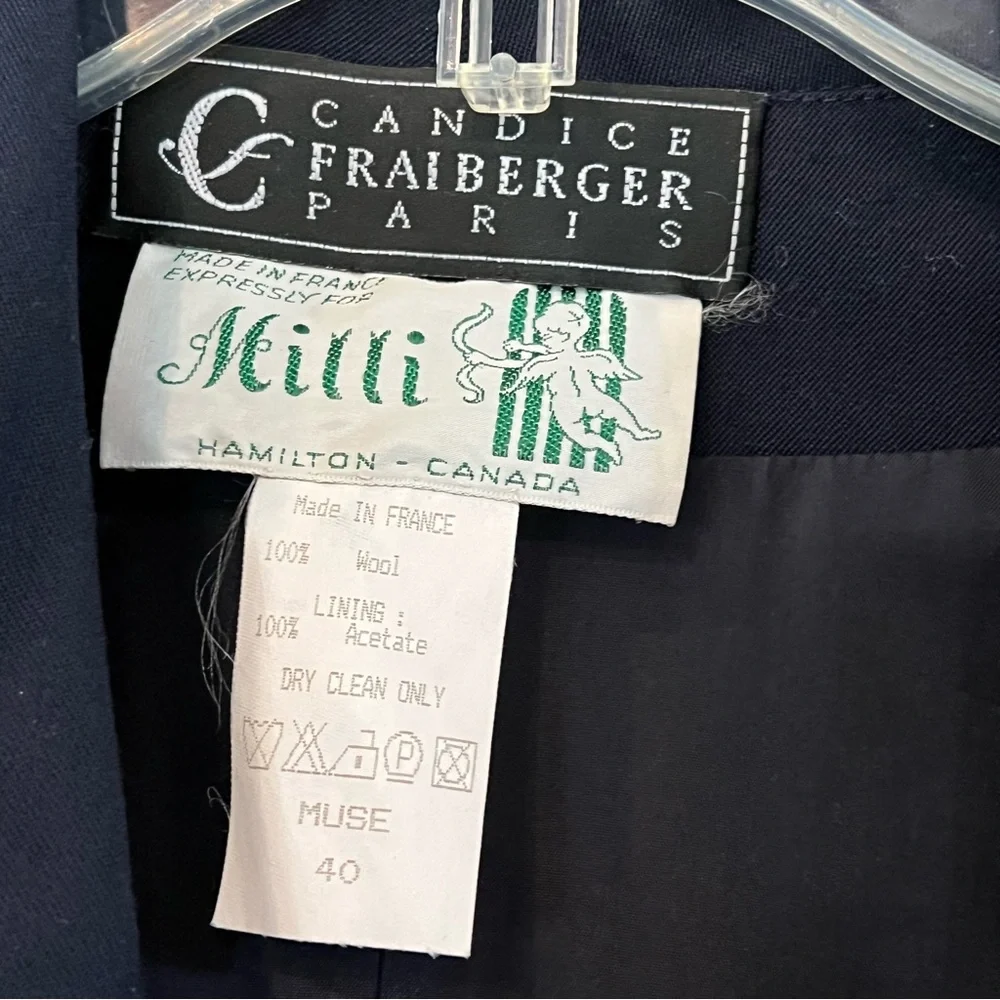 VTG Candice Fraiberger Paris French Peplum Dress Jacket Wool Navy 8 Embroidered - Picture 10 of 10